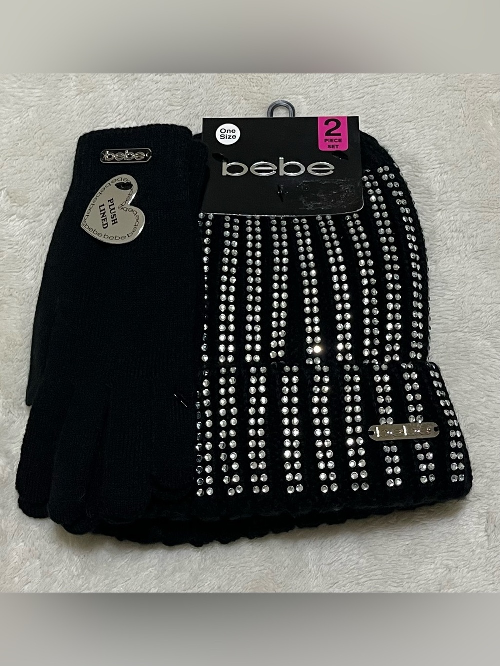 NWT Black Knit Beanie Toboggan with Rhinestones & Glove Plush Lined Set